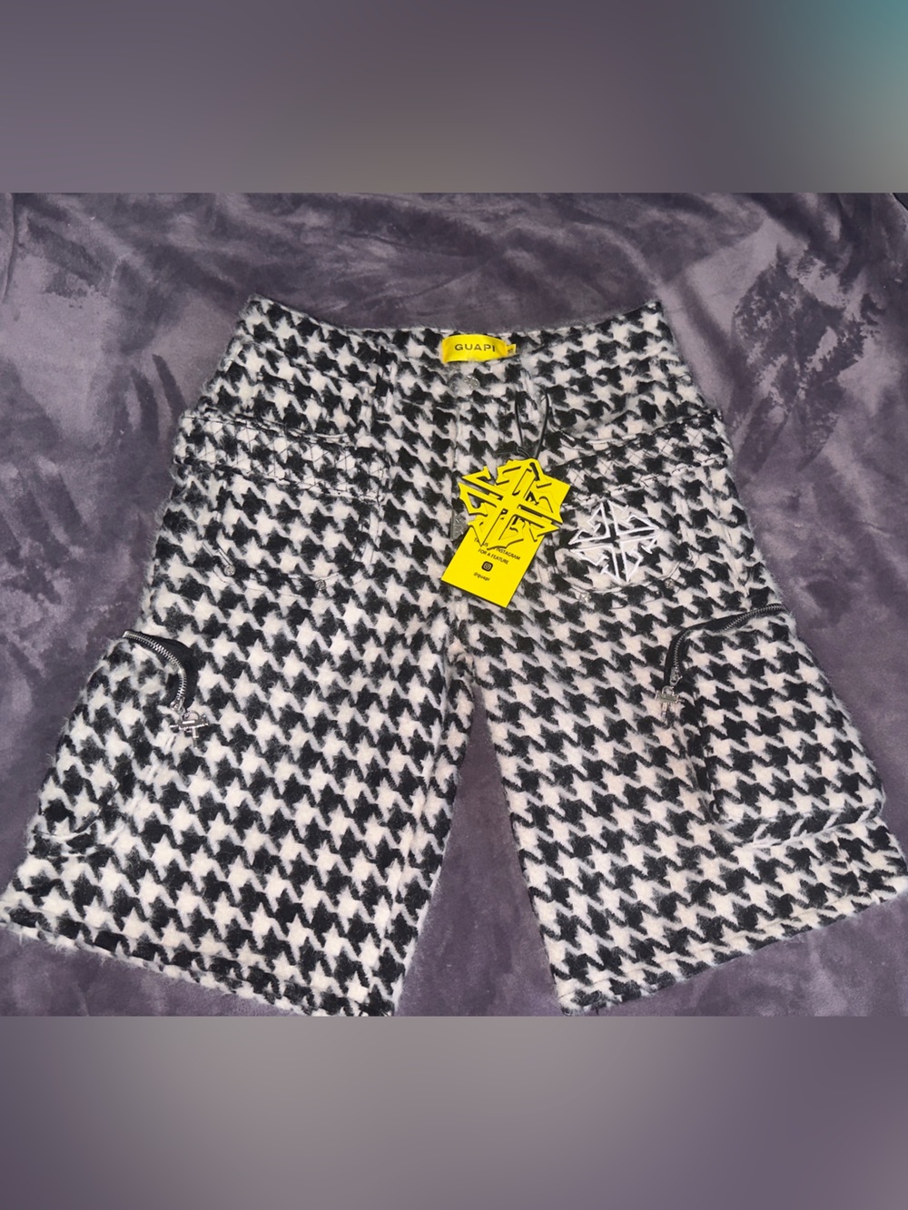 Men's Black & White Houndstooth Cargo Shorts by Guapi brand